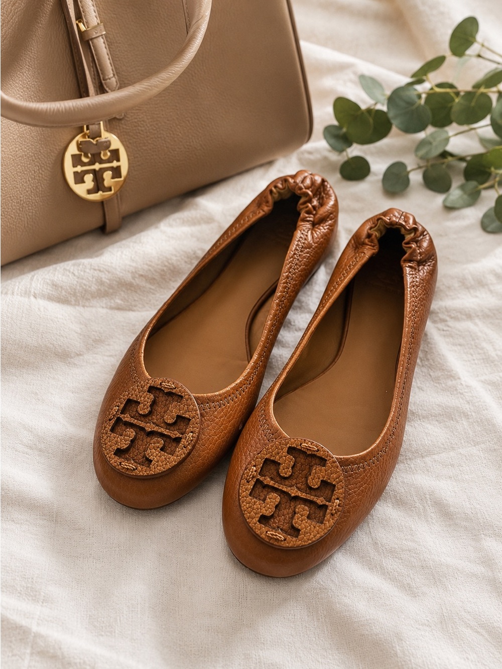 Tory Burch Minnie Travel Ballet Flats brown pebbled leather | Sz 9.5